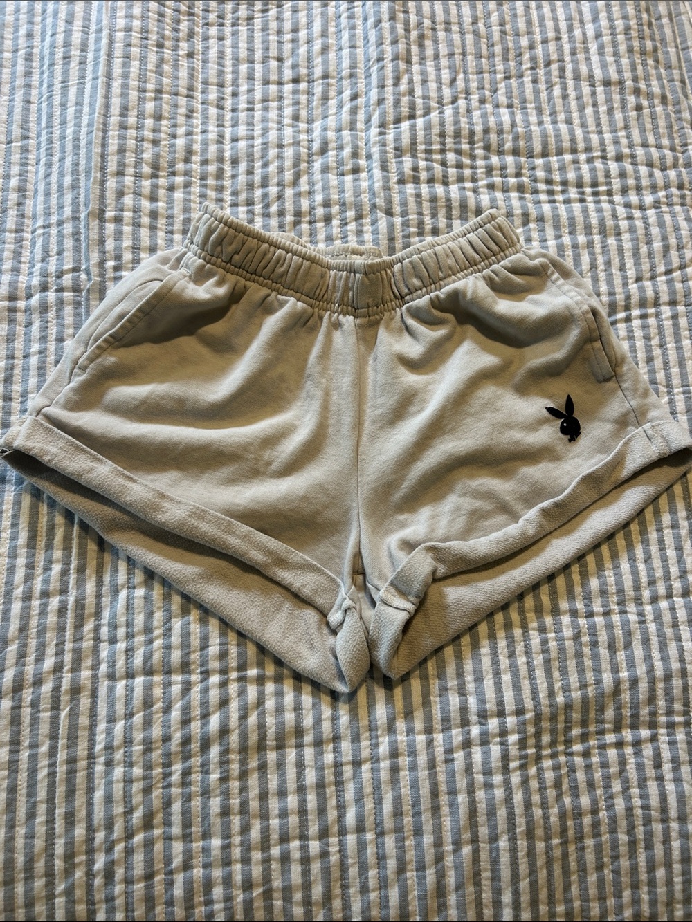 PLAYBOY Light Gray Terry Athletic Shorts with Black Bunny Logo